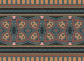 afrikanisch Ikat Pixel Blumen- Paisley Stickerei Hintergrund. geometrisch ethnisch orientalisch Muster traditionell.aztekisch Stil abstrakt Vektor illustration.design zum Textur, Stoff, Kleidung, Verpackung, Teppich.