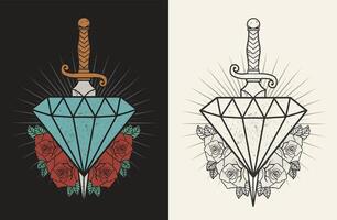 einstellen Illustration Diamant mit Messer und Rose Blumen vektor