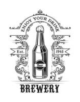 isolerat retro årgång öl logotyp, prydnad logotyp med en flaska av öl. vektor