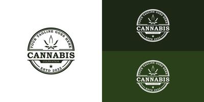 årgång cannabis marijuana hampa med retro stämpel märka logotyp i djup grön Färg isolerat på flera olika bakgrund färger. de logotyp är lämplig för sjukvård och medicinsk företag logotyp design inspiration vektor