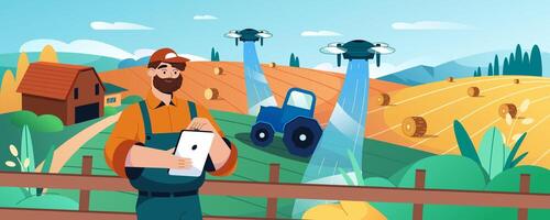 tecknad serie jordbrukare med digital läsplatta använder sig av robot Drönare till automatisera bevattning och spray flytande gödselmedel av jordbruks fält. lantbruk innovation teknologi eller smart jordbruk systemet begrepp vektor