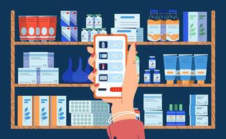 Hand halten Smartphone mit Anwendung zum Bestellung Medizin im Internet. Droge Regale im Apotheke Geschäft mit Pillen, Tablets und Medizin Produkte. online Apotheke Konzept. eben Vektor Illustration