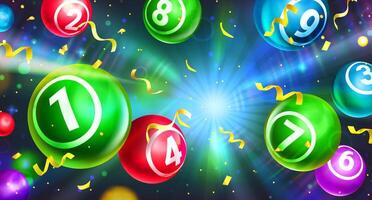 realistisk lotto bollar med tur- vinnande kombination tal. färgrik runda sfärer faller med guld konfetti. bingo eller lotteri hasardspel spel. gaming fritid aktivitet, jackpott eller lotta ut begrepp vektor
