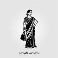 indisch Frauen Saree Clip Art indisch Frau tragen Braut- Outfit-Schwarz und Weiß Vektor Illustration