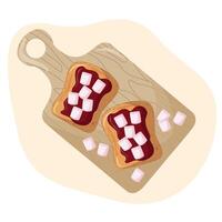 Süss Toast auf Küche Tafel. Karikatur isoliert Scheibe von getoastet Brot mit Stücke von Marshmallows zum Frühstück. getoastet Brot mit Schokolade Ausbreitung.Vektor Illustration vektor