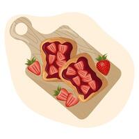 Süss Toast auf Küche Tafel. Karikatur isoliert Scheiben von getoastet Brot mit Stücke von Erdbeere zum Frühstück. getoastet Brot mit Schokolade Ausbreitung.Vektor Illustration vektor