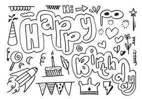 Hand zeichnen Geburtstag Element, Flaggen, Kuchen, Geschenke, Blumen, Herzen, Süßigkeiten. vektor