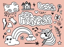 Hand gezeichnet Prinz Prinzessin süß Gekritzel Vektor Elemente einstellen auf Rosa Hintergrund.trendy Baby Stoff, Kind Hintergrund. Regenbogen und Einhorn.