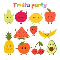 Party mit Tanzen Früchte. süß Hand gezeichnet kawaii Früchte. gesund Stil Sammlung. eben Stil. Vegetarier Lebensmittel. Karikatur vektor