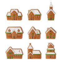 Reihe von isolierten Lebkuchenhäusern und Kirchen. weihnachtliche lebkuchenplätzchen vektor