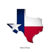 Vektor isoliert Illustration mit Flagge und vereinfacht Karte von Texas, Zustand von USA. Volumen Schatten auf das Karte. Weiß Hintergrund