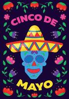 bunt Poster zum cinco de Mayo mit ein Schädel tragen ein Sombrero vektor