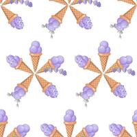 Lavendel Eis Creme. drei Schaufeln von cremig Süss Dessert im ein Waffel Kegel. lila Sorbet. nahtlos Muster. Vektor Illustration.