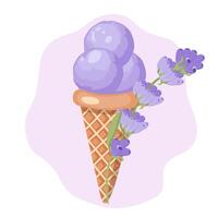 Lavendel Eis Creme. drei Bälle von cremig Süss Dessert im ein Waffel Kegel. lila Sorbet. Vektor Illustration auf Weiß Hintergrund.