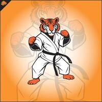 Tiger Karate Logo Karikatur. Kampf Verein Logotyp. vektor