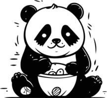 süß Panda Bär Sitzung mit ein Schüssel von Lebensmittel. Vektor Illustration.