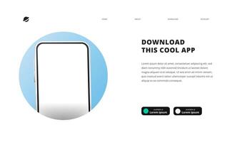 Seite Banner Werbung zum wird heruntergeladen App zum Handy, Mobiltelefon Telefon Smartphone herunterladen Tasten Vorlage 3d Karikatur Perspektive Telefon mit Kreis Hintergrund vektor