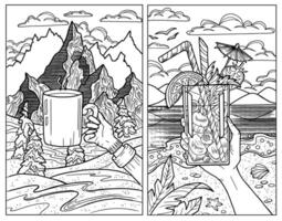 vektor uppsättning med två linje konst illustrationer med en hand innehav glas av frukt cocktail mot sommar strand och ärm med kopp av kaffe eller te över vinter- berg. skiss för färg sida