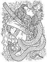 fantasi graverat hand dragen illustration med skön kvinna, blind krigare, svärd och orm. svart och vit vektor grafisk konst