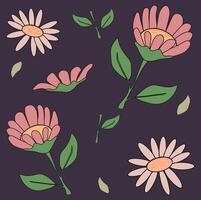 sömlös mönster med daisy rosa blommor och löv vektor