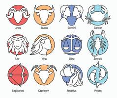 samling av zodiaken tecken isolerat på vit bakgrund och anges förbi färger av klassisk element - brand, jorden, luft, vatten. astro konstellation symboler. färgrik vektor illustration.