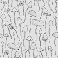 sömlös mönster med psilocybin eller hallucinogena magi svamp hand dragen med kontur rader på grå bakgrund. modern vektor illustration i svartvit färger för textil- skriva ut, bakgrund.