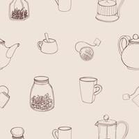 skön sömlös mönster med hand dragen kök verktyg och Ingredienser för framställning och dricka te - franska Tryck, tekanna, kopp, mugg, örter. svartvit vektor illustration för tapet.