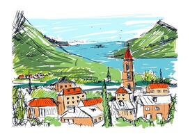 färgad hand dragen landskap med gammal georgiansk stad, bergen och hamn. skön färgrik freehand skiss med byggnader och gator av små stad belägen nära hav och kullar. vektor illustration.