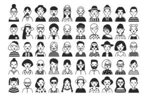 stor samling av manlig och kvinna tecknad serie tecken eller avatars med annorlunda frisyrer och Tillbehör hand dragen med kontur rader i svart och vit färger. svartvit vektor illustration.