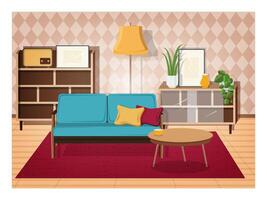 retro Innere von Leben Zimmer voll von altmodisch Möbel und Zuhause Dekorationen - - bequem Couch, Kaffee Tisch, Haus Pflanzen, Schrank, Fußboden Lampe, Radio Empfänger. Vektor Illustration im eben Stil.