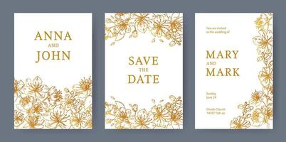 Sammlung von elegant Vorlagen zum Flyer, speichern das Datum Karte oder Hochzeit Einladung mit schön japanisch Sakura Blumen Hand gezeichnet mit Gelb Linien auf Weiß Hintergrund. Vektor Illustration.