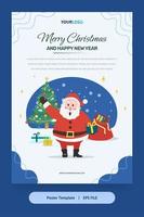 flache Illustration, Plakatschablone mit Weihnachtsmann, Weihnachtsbaum und Geschenken