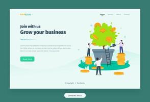 målsidesmall med platt karaktär, växter och mynt illustration växande företag vektor