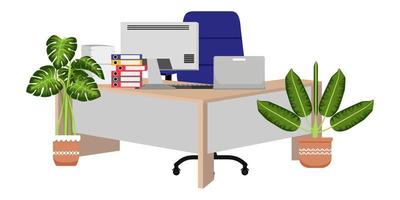 süßer moderner Schreibtisch für Home-Office-Freiberufler mit Stuhl-L-Form-Tisch mit etwas Papierstapel und mit Zimmerpflanzen Laptop-PC-Computer vektor