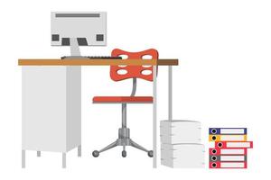 moderner Schreibtisch für moderne Home-Office-Freiberufler mit Tischstuhl und Schublade mit PC-Computer einige Papierstapelordner vektor
