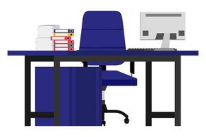 Schreibtisch mit moderner Stuhltisch-Schrankschublade mit PC-Computer einige Papierstapel-Aktenordner isoliert vektor