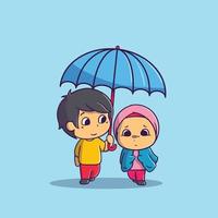 süße Illustration eines Paares von Mann und Frau, das sich einen Regenschirm teilt vektor