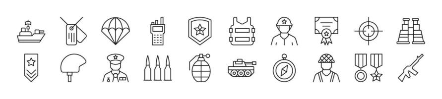Sammlung von Gliederung Symbol von Armee. editierbar Schlaganfall. einfach linear Illustration zum Shops, Geschäfte, Banner, Design vektor