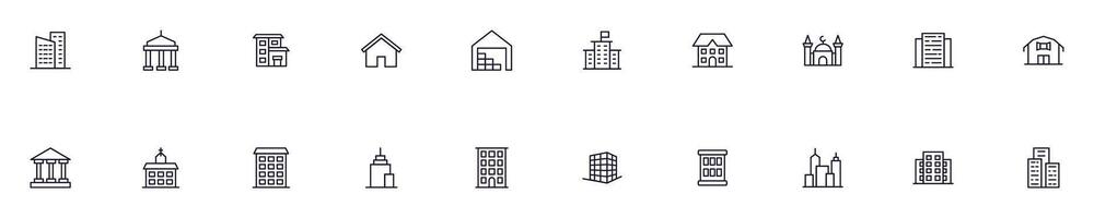 Gebäude Vektor Piktogramm Sammlung. einfach linear Illustration Das können Sein benutzt wie ein Design Element zum Apps und Websites