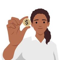 kvinna innehav dollar mynt i henne händer. vektor