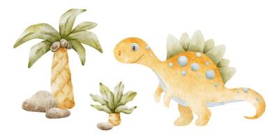 söt orange dinosaurie, handflatan träd, stenar. isolerat hand dragen vattenfärg illustration av dino. ClipArt av centrosaurus för barns inbjudan kort, bebis dusch, dekoration av barn rum kläder. vektor
