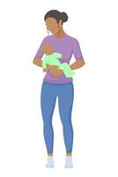 schwarz Frau Stehen hält ein Baby im ihr Hände. ein jung Mutter im ein T-Shirt und Gamaschen sieht aus beim ihr Kinder im ihr Waffen, einfach Vektor Stil im Silhouette