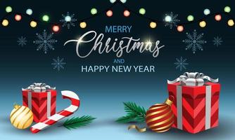 Frohe Weihnachten und guten Rutsch ins Neue Jahr-Geschenkbox auf Blau mit Textdesign für Feiertagsfestfeier-Vektorhintergrund