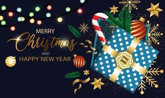Frohe Weihnachten und ein glückliches neues Jahr-Geschenkbox in blauer Nacht mit Textdesign für Feiertagsfestfeier-Vektorhintergrund