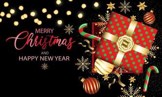 Frohe Weihnachten und guten Rutsch ins Neue Jahr-Geschenkbox auf Schwarz mit Textdesign für Feiertagsfestfeier-Vektorhintergrund vektor
