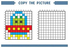 Kopieren das Bild, Komplett das Gitter Bild. lehrreich Arbeitsblätter Zeichnung mit Quadrate, Färbung Zelle Bereiche. Kinder- Vorschule Aktivitäten. Karikatur Vektor, Pixel Kunst. UFO und Außerirdischer Illustration. vektor