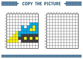 kopia de bild, komplett de rutnät bild. pedagogisk kalkylblad teckning med rutor, färg cell områden. barns förskola aktiviteter. tecknad serie vektor, pixel konst. lastare lastbil illustration. vektor