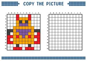 kopia de bild, komplett de rutnät bild. pedagogisk kalkylblad teckning med rutor, färg cell områden. barns förskola aktiviteter. tecknad serie vektor, pixel konst. robot karaktär illustration. vektor