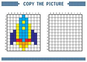 Kopieren das Bild, Komplett das Gitter Bild. lehrreich Arbeitsblätter Zeichnung mit Quadrate, Färbung Zelle Bereiche. Kinder- Vorschule Aktivitäten. Karikatur Vektor, Pixel Kunst. Raum Shuttle Illustration. vektor