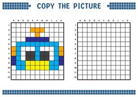 kopia de bild, komplett de rutnät bild. pedagogisk kalkylblad teckning med rutor, färg cell områden. barns förskola aktiviteter. tecknad serie vektor, pixel konst. robot huvud illustration. vektor